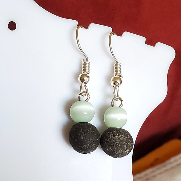 Silver Tone Hook Cat's Eye and Lava Bead Earrings - Picture 1 of 3